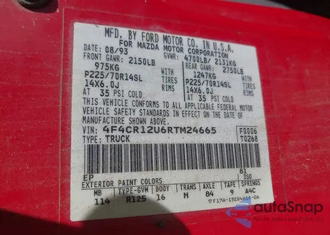 1994 Mazda B3000 from USA, damaged, VIN 4F4CR12U6RTM24665